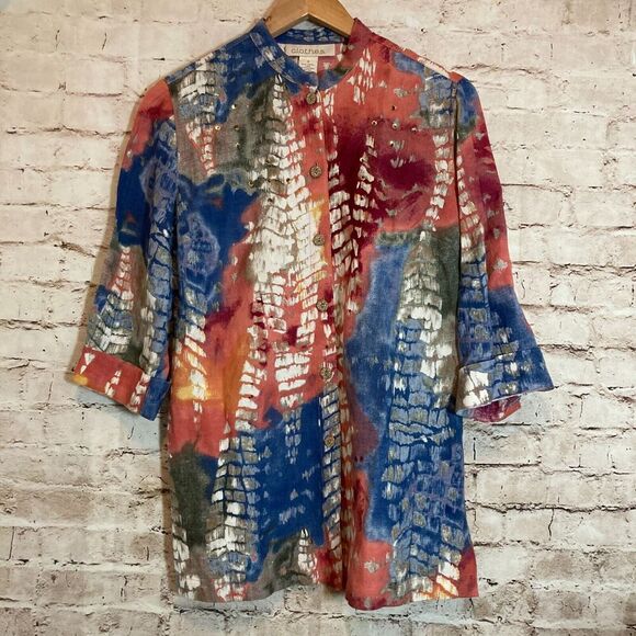 c.l.o.t.h.e.s. Tunic Top Womens Small Linen Watercolor Mandarin Collar Boho - Picture 1 of 13